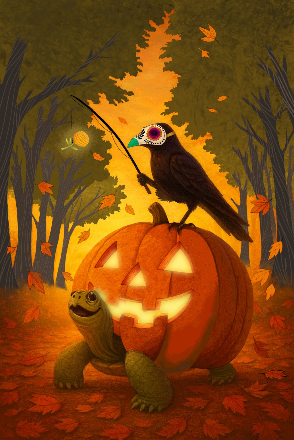 A crow wearing a colorful Day of the Dead mask sits atop a glowing jack-o’-lantern in an autumn forest, while a smiling turtle carries the pumpkin. The scene features falling orange leaves and a warm golden sunset, symbolizing the spirit of Día de los Muertos and the transition between life and remembrance.