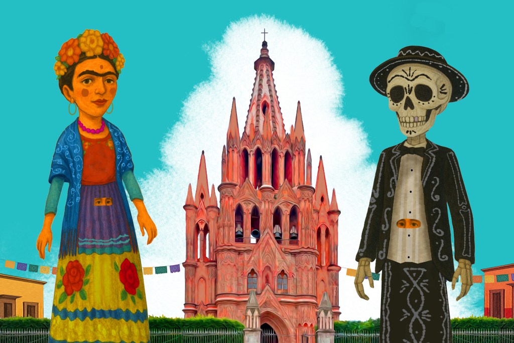 Meet the Mojigangas, giant towering walking paper machet costumes built on stilts with people walking inside the giant puppet costumes that parade down the street of town in SMA.