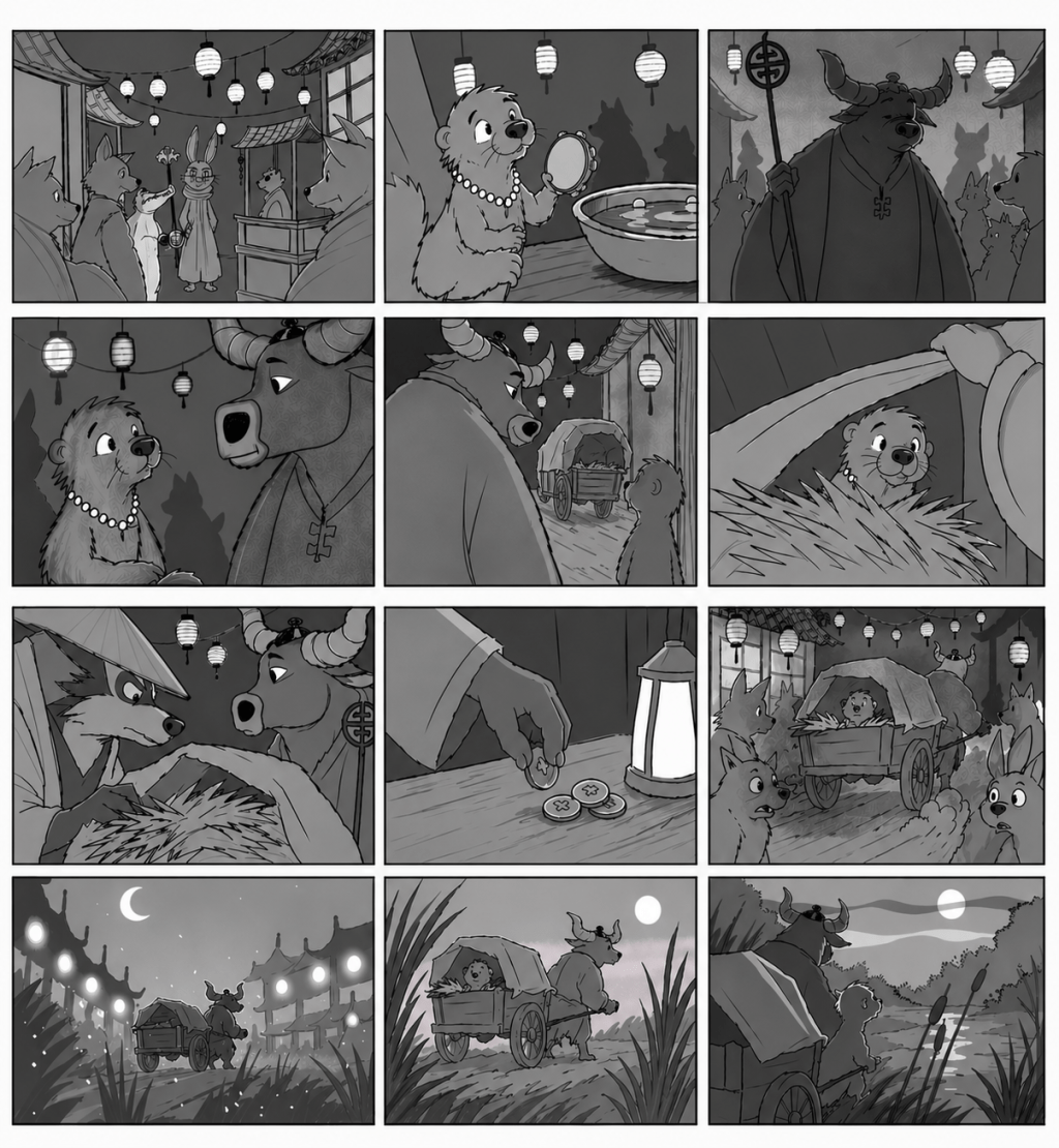Here is a storyboard template showing a Chinese market escape scene for Kung Fu Panda 5 as Shi Lu the water buffalo, smuggles Boyin the sea otter, out of town on his hay wagon returning him home to the river at sun rise.