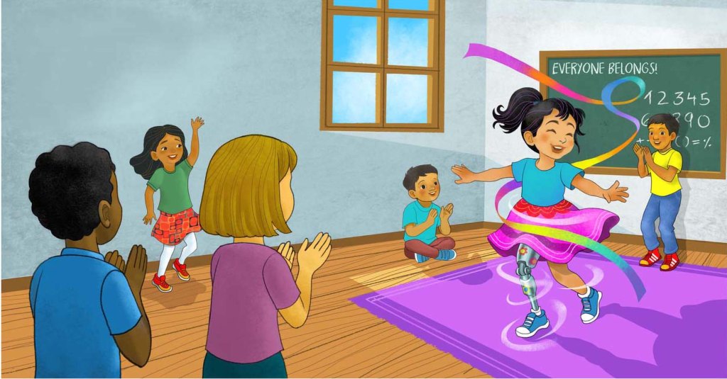 Illustration for children's book in accessibility showing new student dancing ballet and twirling on the classroom rug with a colorful stickers on her prosthetic leg while the rest of the class clap and applause her performance.